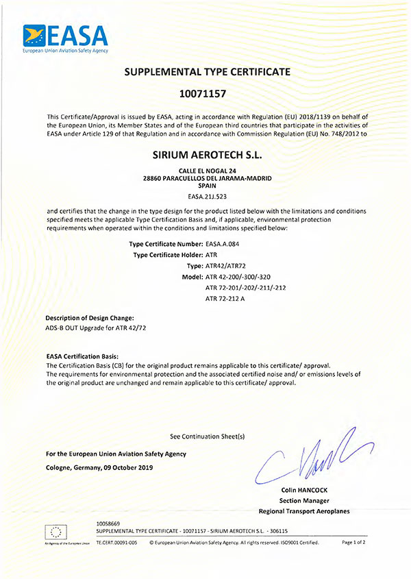 STC ADS-B OUT Upgrade for ATR 42/72